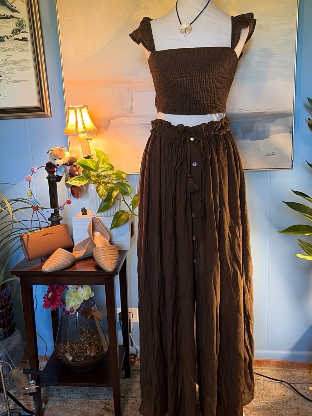 HYFVE Brown Two-Piece Smocked Crop Top & Button-Front Maxi Skirt Set